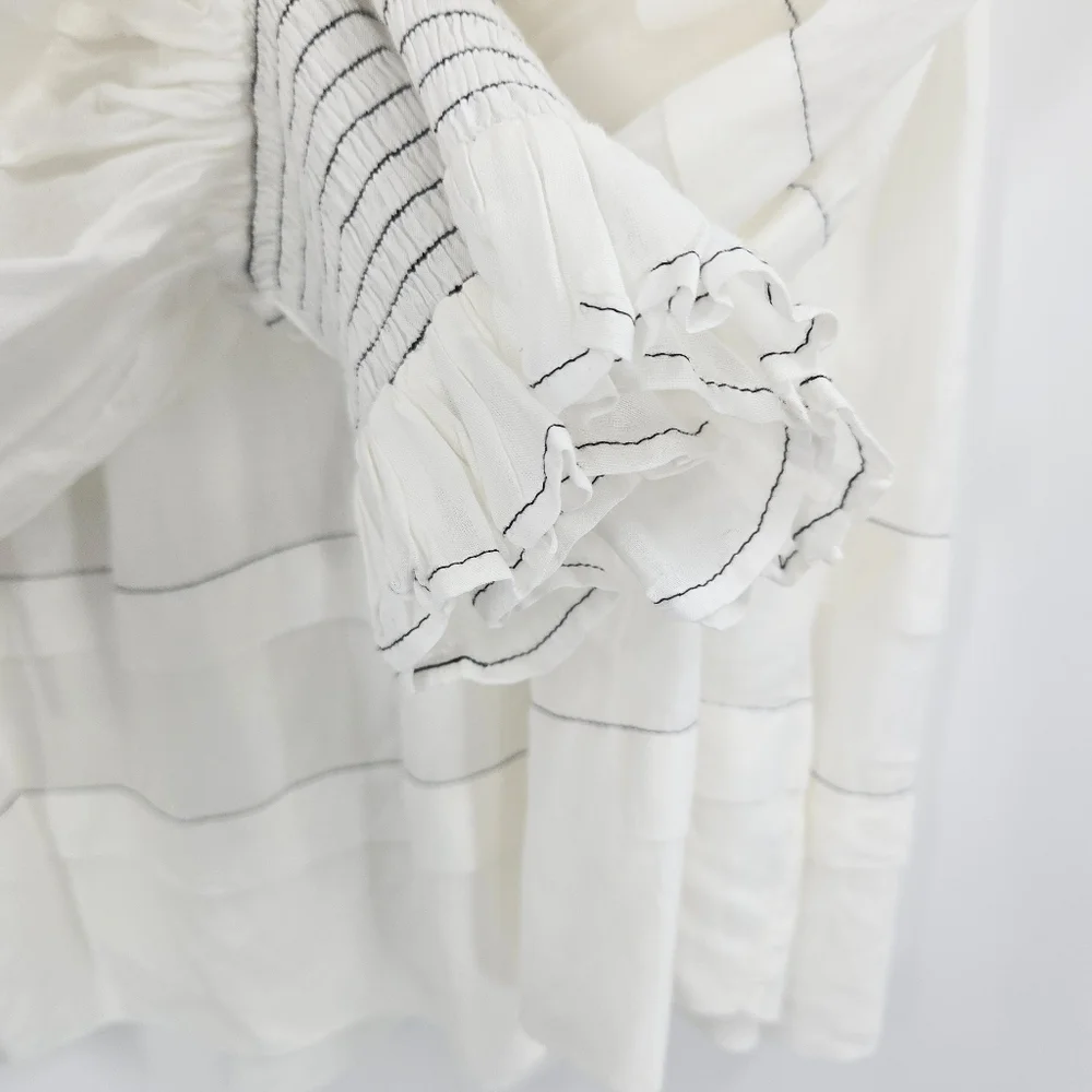 Anthropologie Blouse White Cotton Smocked Peasant‎ Long Sleeve